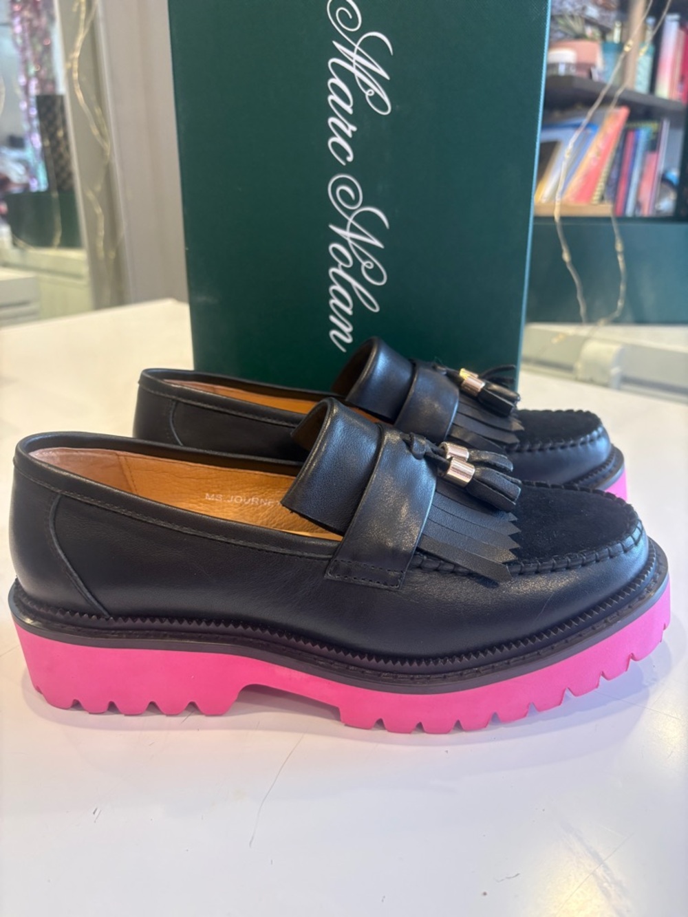 Black Leather Tassel Loafers with Pink Lug Sole